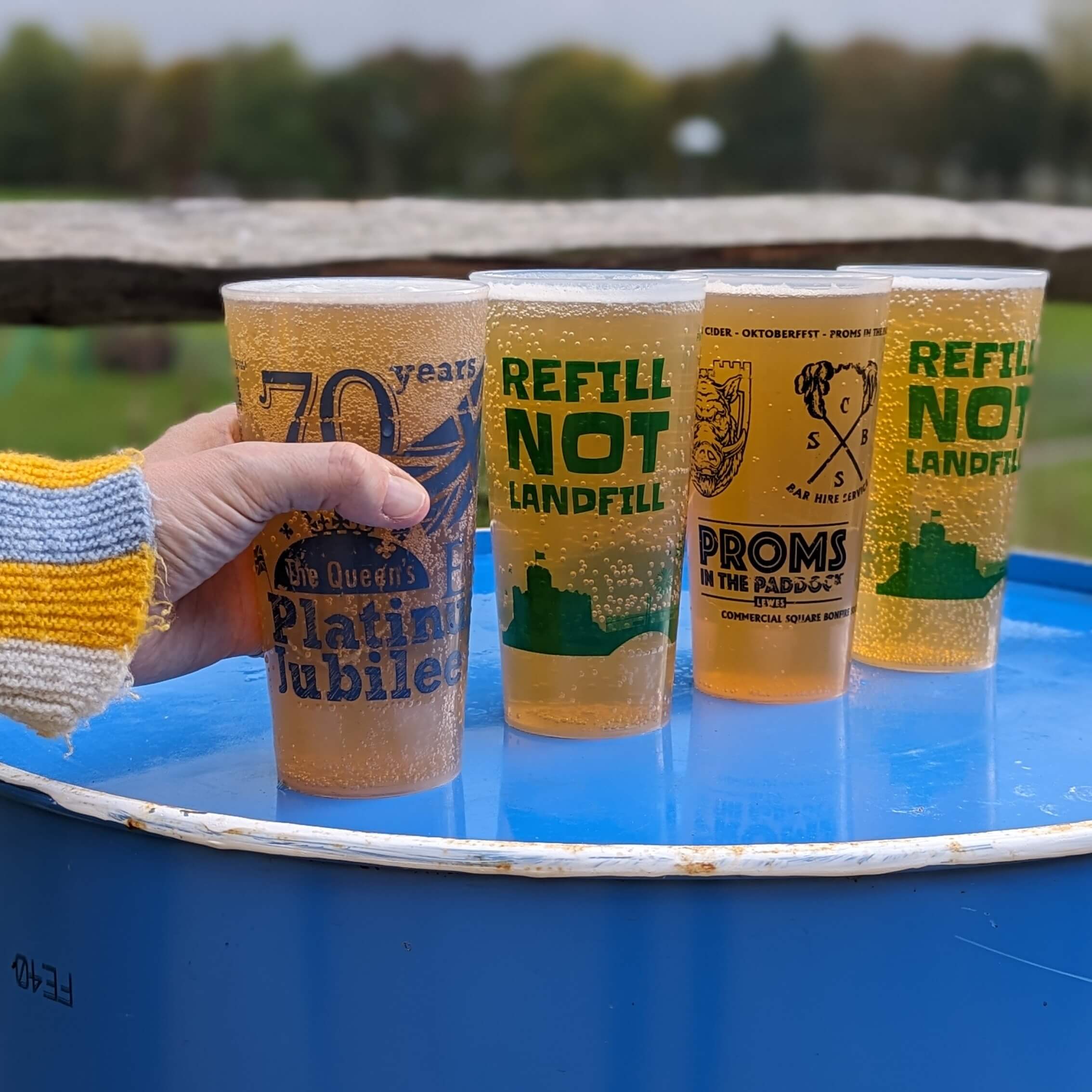 Reusable pint glasses filled with beer