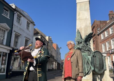 The Mayor of Lewes Councillor Imogen Makepeace with Lewes Town Crier Jon Borthwick at the Lewes War Memorial