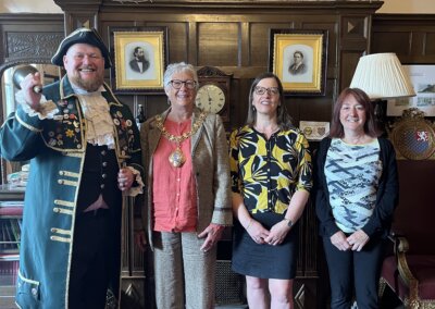 The Mayor of Lewes Councillor Imogen Makepeace with Lewes Town Crier Jon Borthwick, Town Clerk Veronique Poutrel and Civic Officer Julie Dean in the Mayor's Parlour