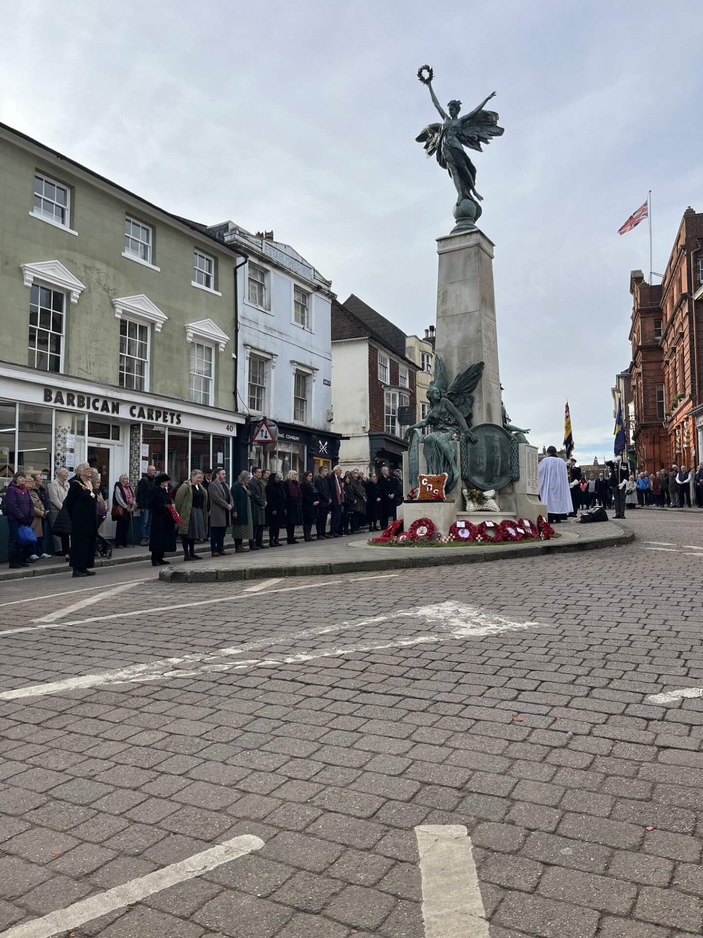 The silence at the War Memorial in Lewes as the Mayor of Lewes, Councillor Imogen Makepeace, attends the Armistice ceremony with Lewes Town Council colleagues