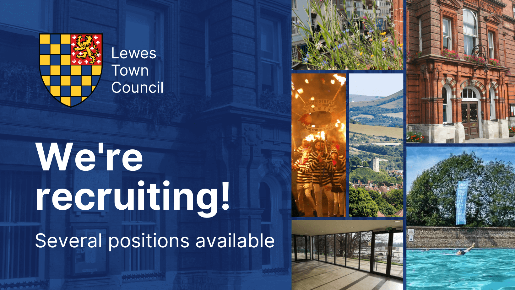 A graphic showing scenes of the town of Lewes and stating that Lewes Town Council is recruiting for several positions